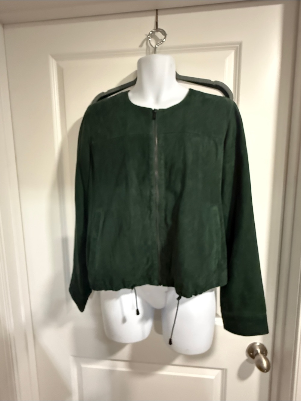 Neiman Marcus Forest Green Suede Zip-Front Women's Jacket with Drawstring Waist